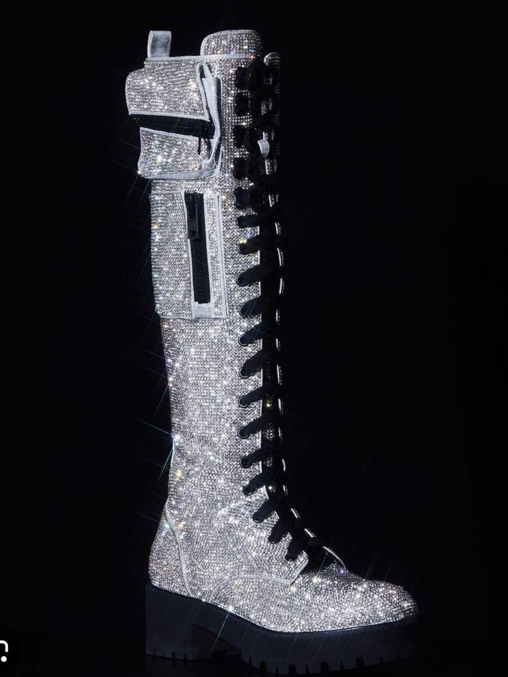 Dolls Kill Crystal Embellished Tall Lace-Up Combat Boots - Silver